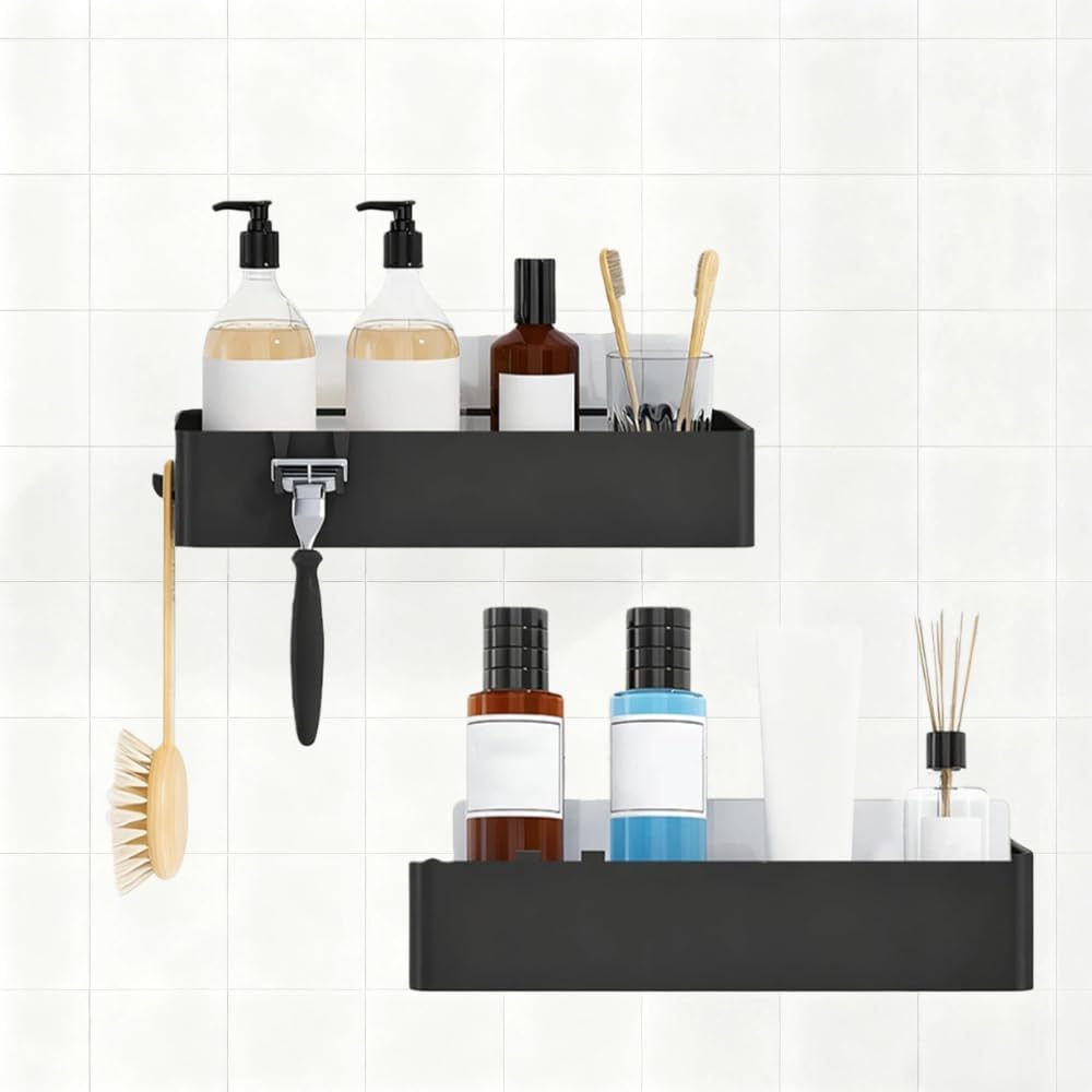 2-Pack Shower Caddy Rustproof – No Drill Wall Mount Shelves for Bathroom, Space-Saving Storage Rack with 4 Movable Hooks