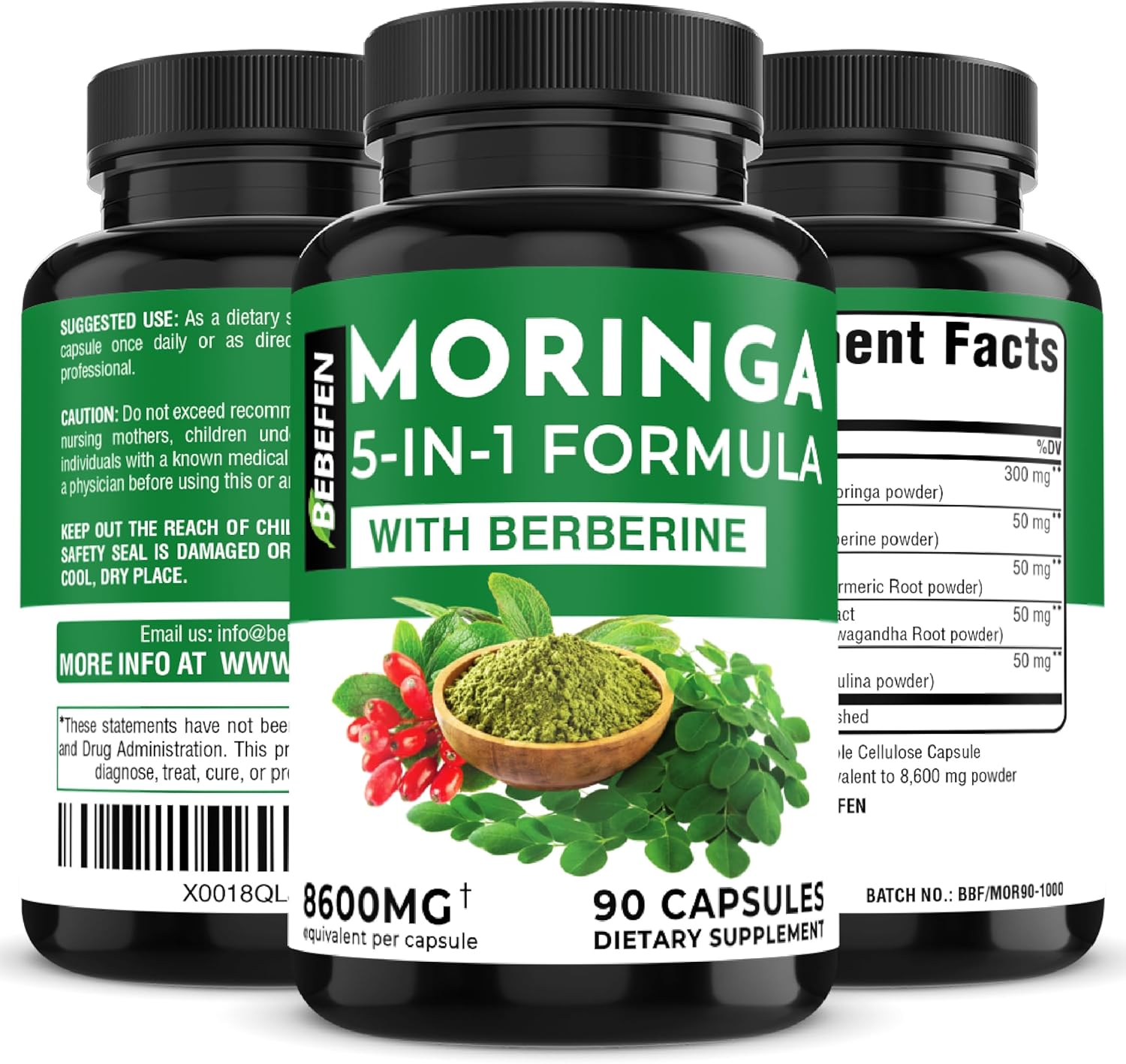 Moringa Capsules with Berberine | Turmeric | Ashwagandha | and Spirulina - 5in1 Moringa Supplement