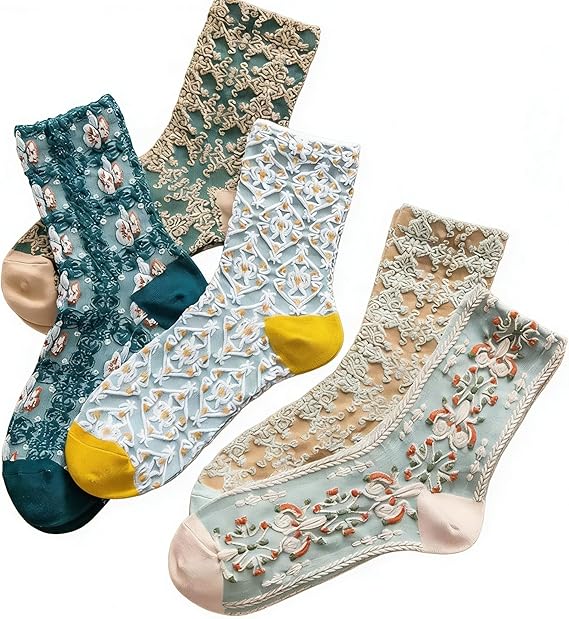 5 Pairs Women's Vintage Embroidered Floral Lace Socks Geometric Lattice Designs for Girls