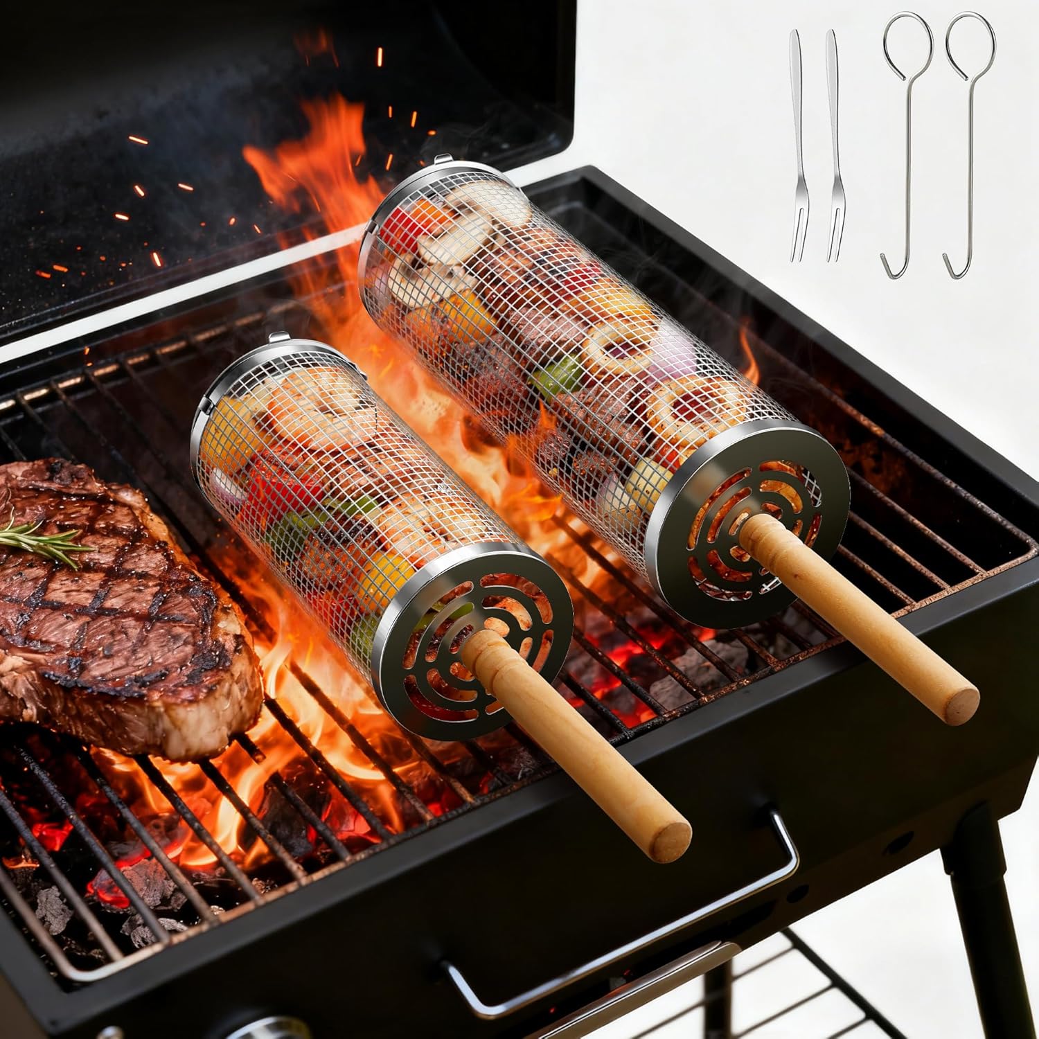2PCS Rolling Grill Baskets with Removable Wooden Handle, 304 Stainless Steel