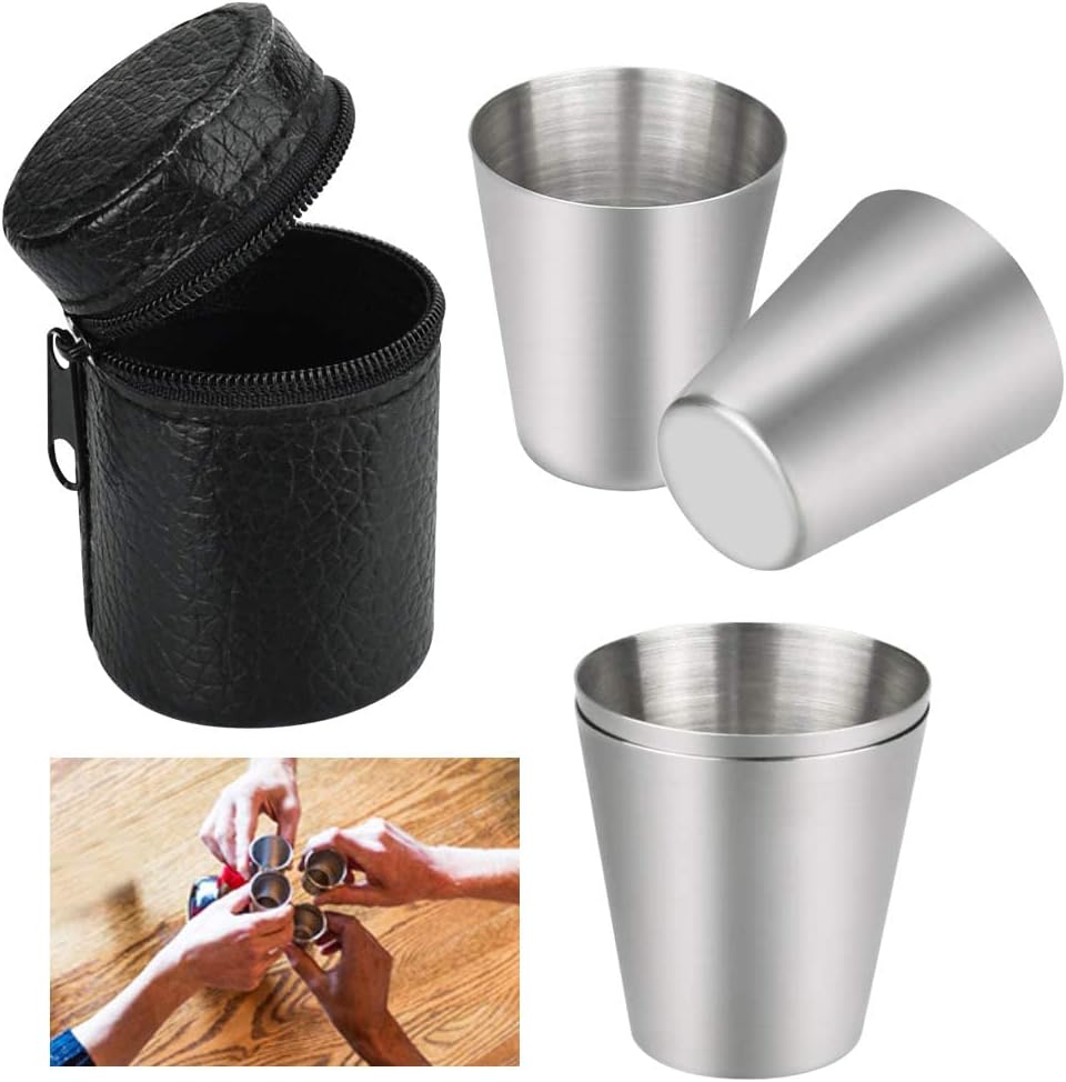 Stainless Steel Shot Glasses Set, 4 Pieces 30ml Stackable Cups with Black Leather Storage Case