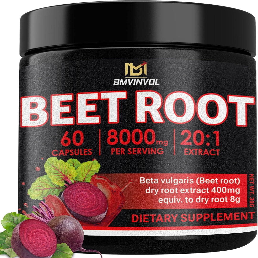 Beet Root 8000 mg Strength 20:1 Extract | 60 Vegan Capsules | Non-GMO | Gluten Free Formula | High Potency Herbal Extract Supplement