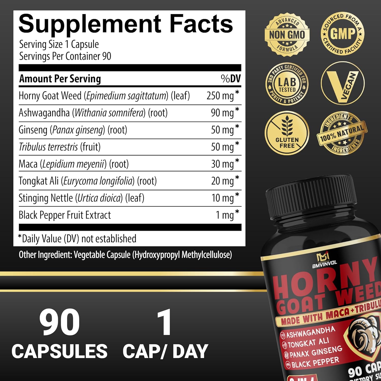 BMVINVOL Horny Goat Weed Capsules with Maca, Ginseng, Tribulus Terrestris, Ashwagandha - 90 Capsules - 3 Months Supply
