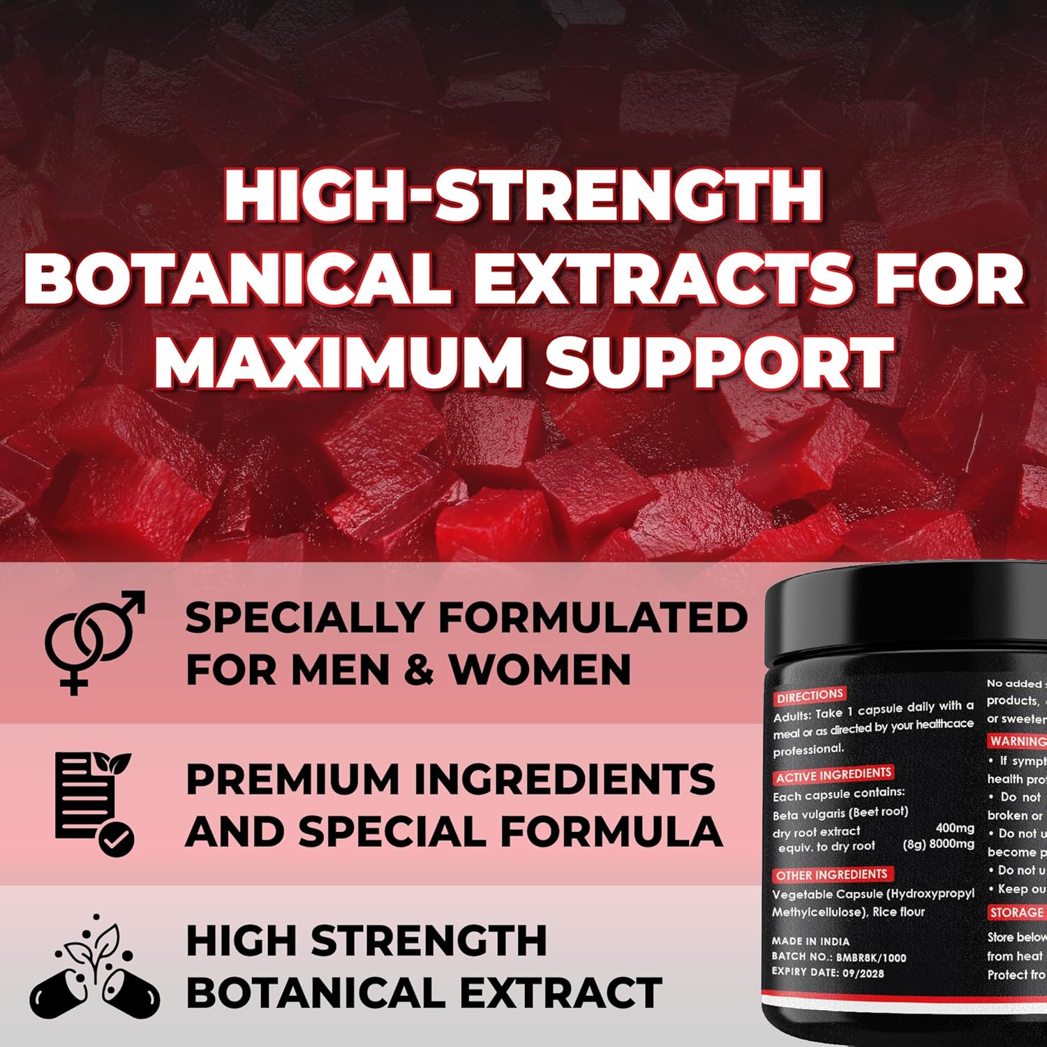 Beet Root 8000 mg Strength 20:1 Extract | 60 Vegan Capsules | Non-GMO | Gluten Free Formula | High Potency Herbal Extract Supplement