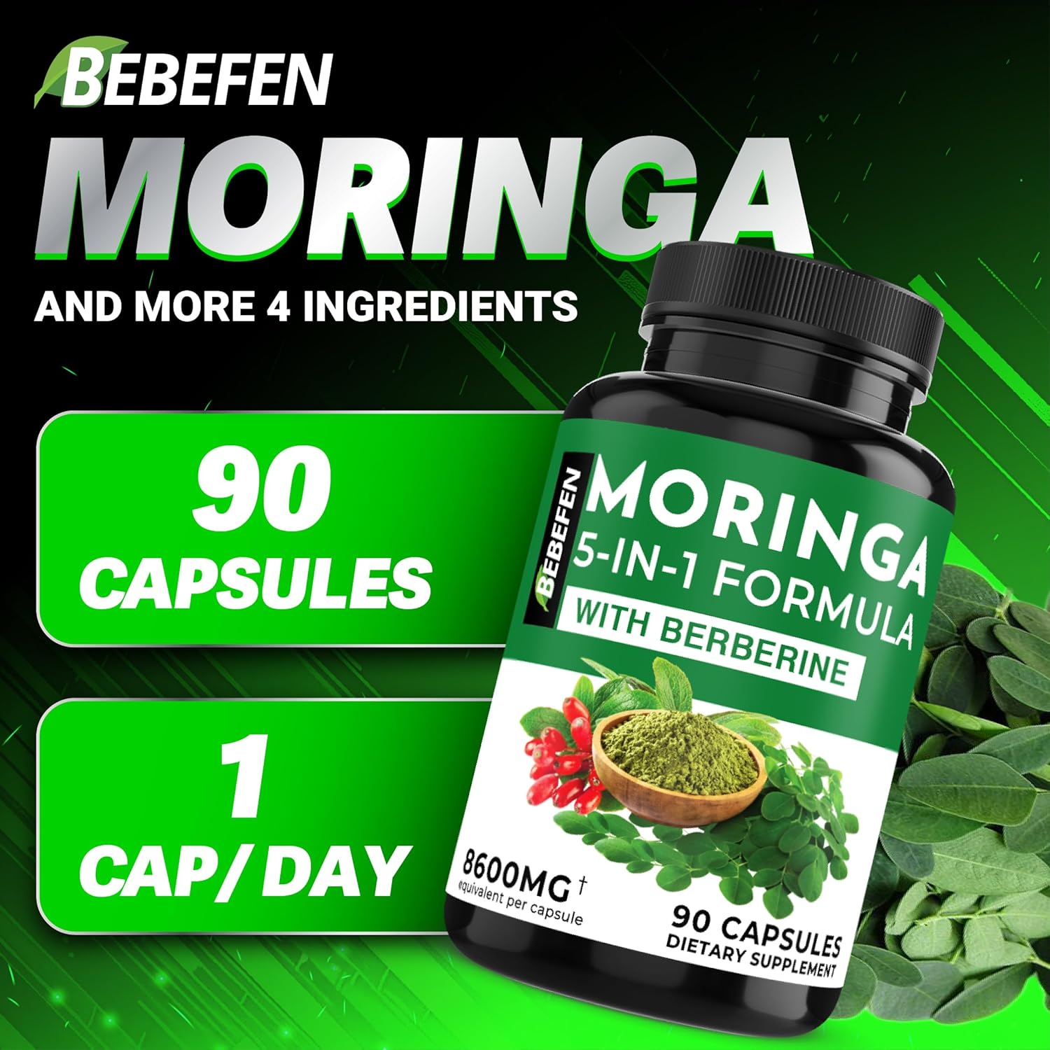 Moringa Capsules with Berberine | Turmeric | Ashwagandha | and Spirulina - 5in1 Moringa Supplement