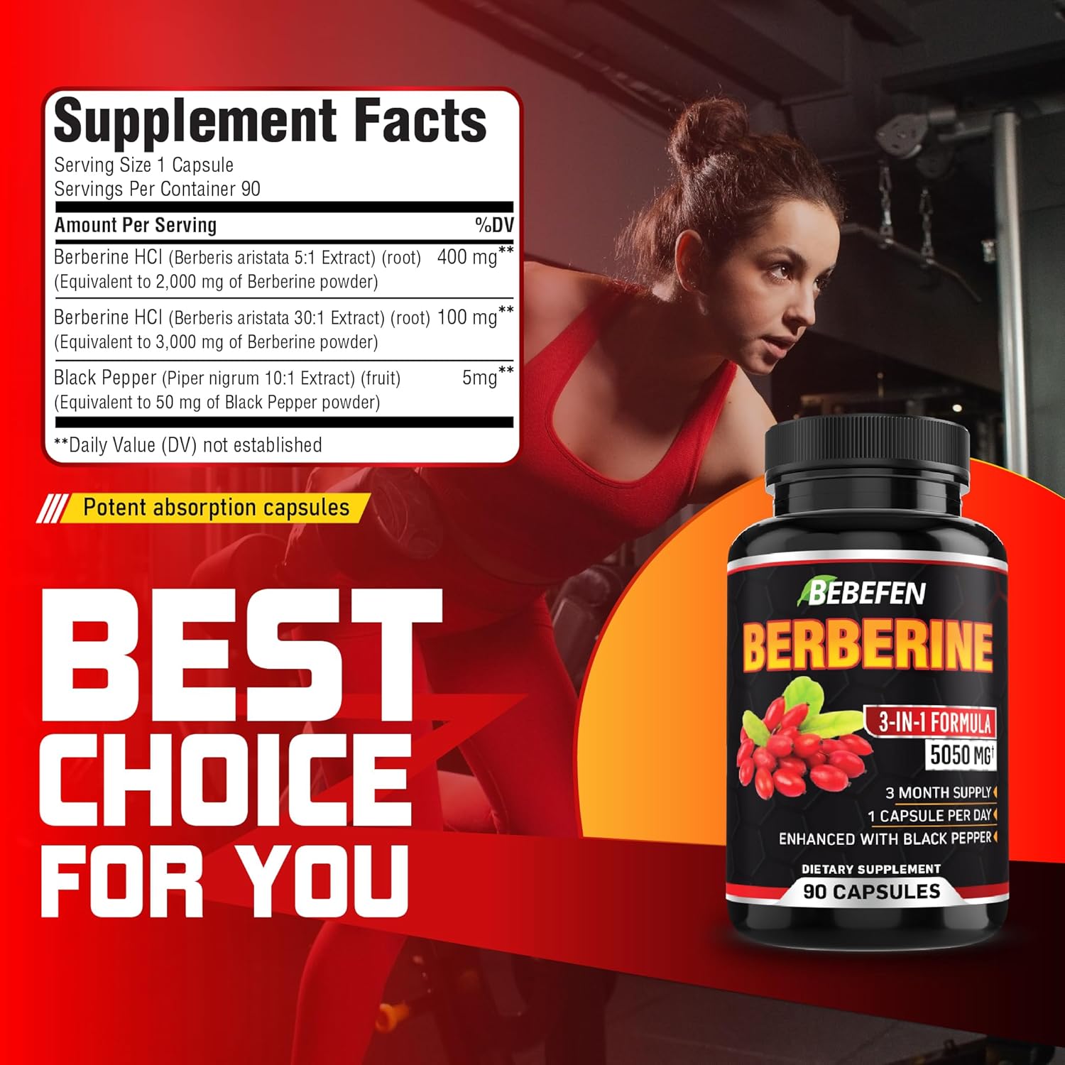 Berberine Capsules - 5050mg Formula Pills with Black Pepper Extract