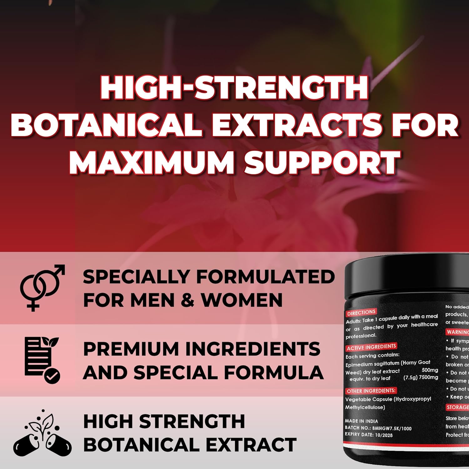 Horny Goat Weed 7500 mg Strength 15:1 Extract | 60 Vegan Capsules | Non-GMO | Gluten Free Formula | High Potency Herbal Extract Supplement