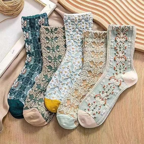 5 Pairs Women's Vintage Embroidered Floral Lace Socks Geometric Lattice Designs for Girls
