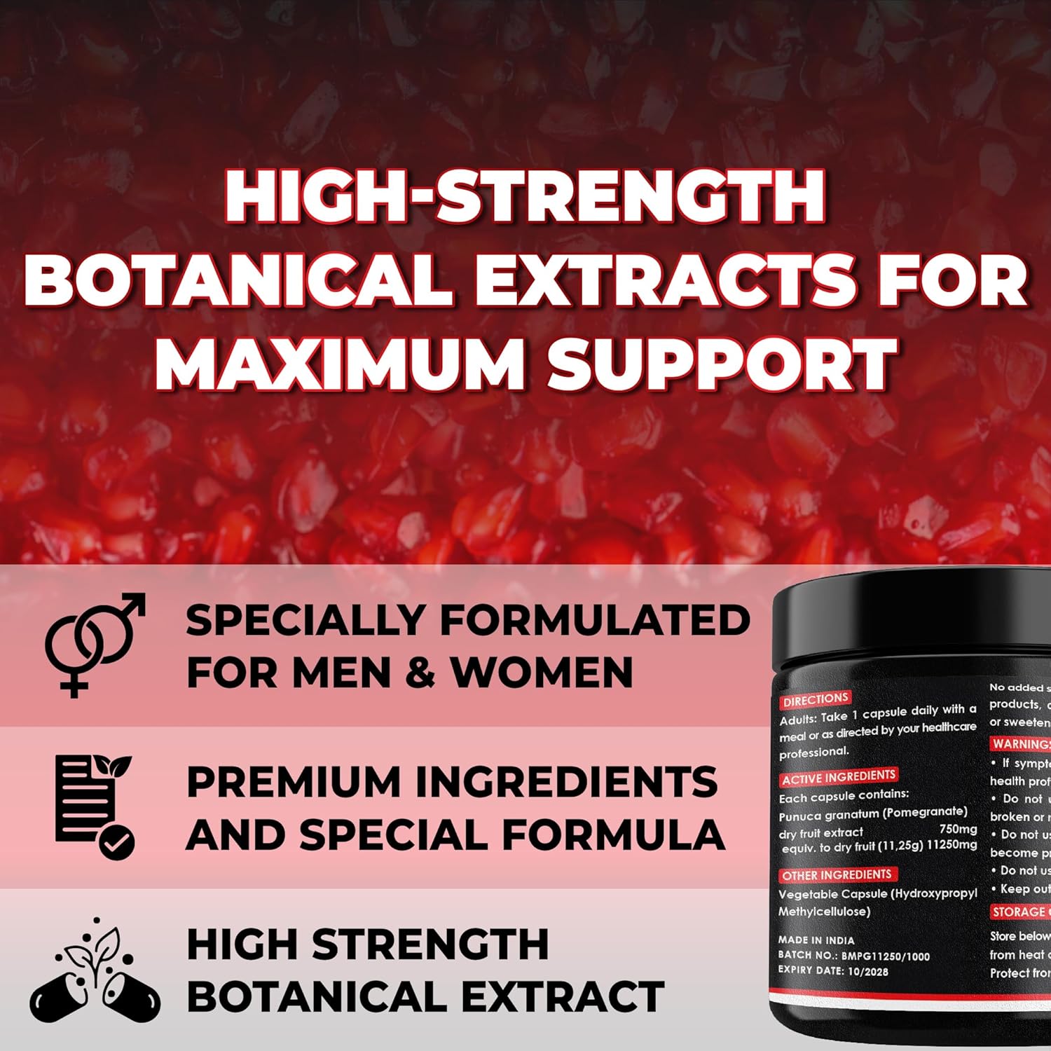 Pomegranate 11,250 mg Strength 15:1 Extract | 60 Vegan Capsules | Non-GMO | Gluten Free Formula | High Potency Herbal Extract Supplement