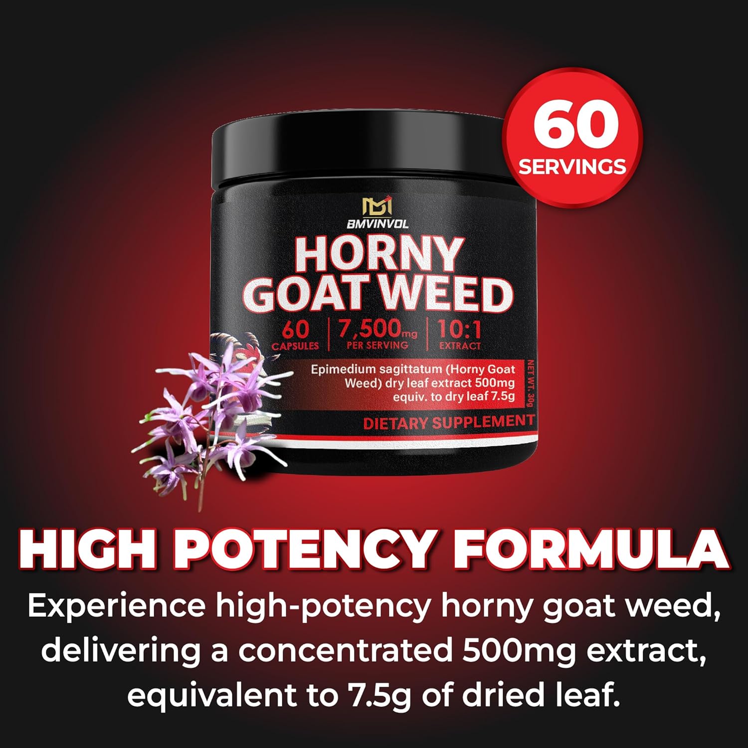 Horny Goat Weed 7500 mg Strength 15:1 Extract | 60 Vegan Capsules | Non-GMO | Gluten Free Formula | High Potency Herbal Extract Supplement