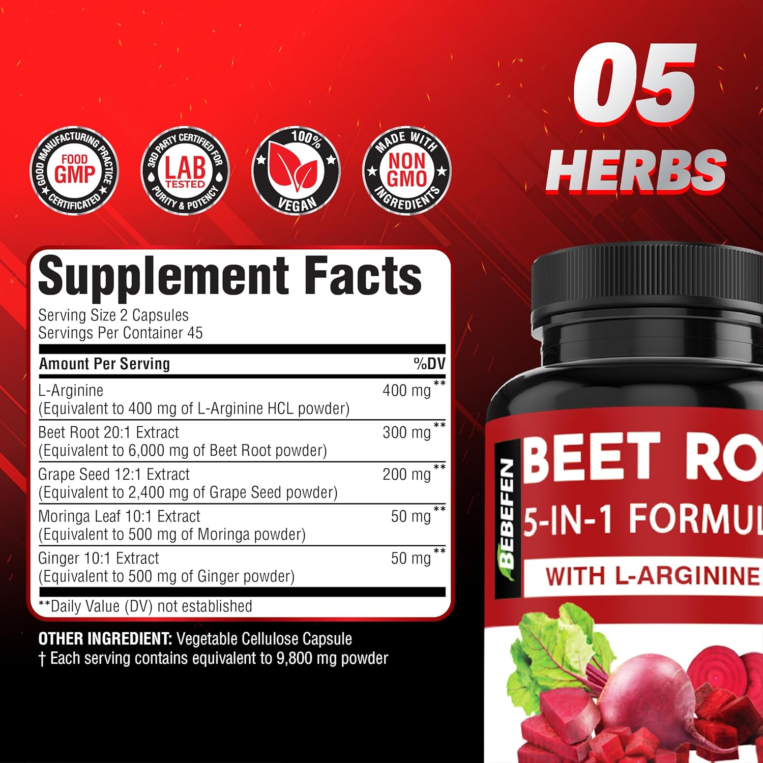 Beet Root Capsules with L-Arginine | Grape Seed | Moringa | and Ginger - 5in1 Beet Supplement