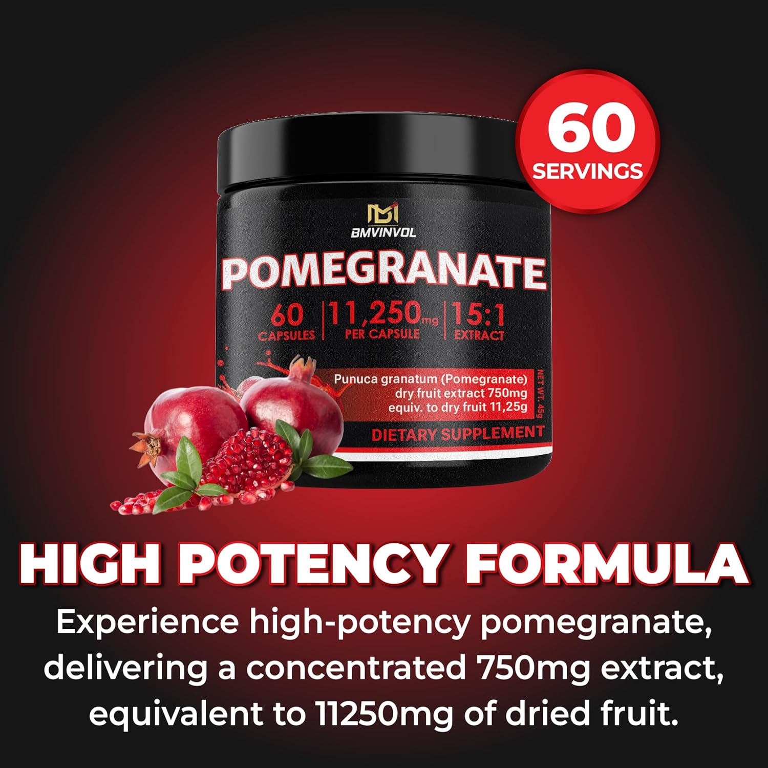 Pomegranate 11,250 mg Strength 15:1 Extract | 60 Vegan Capsules | Non-GMO | Gluten Free Formula | High Potency Herbal Extract Supplement