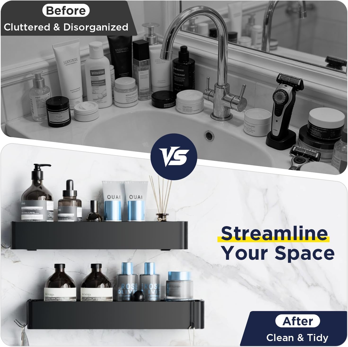 2-Pack Shower Caddy Rustproof – No Drill Wall Mount Shelves for Bathroom, Space-Saving Storage Rack with 4 Movable Hooks
