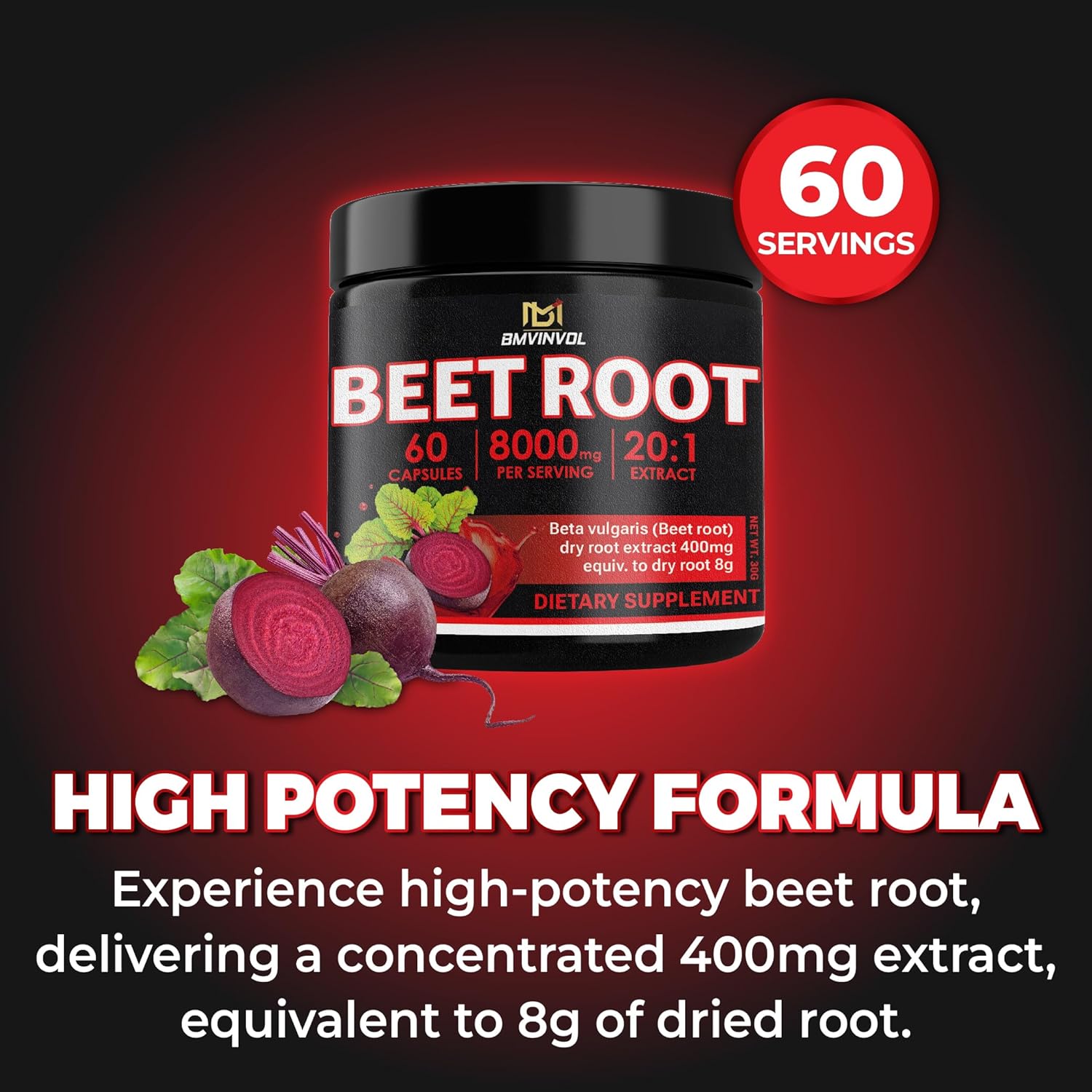 Beet Root 8000 mg Strength 20:1 Extract | 60 Vegan Capsules | Non-GMO | Gluten Free Formula | High Potency Herbal Extract Supplement
