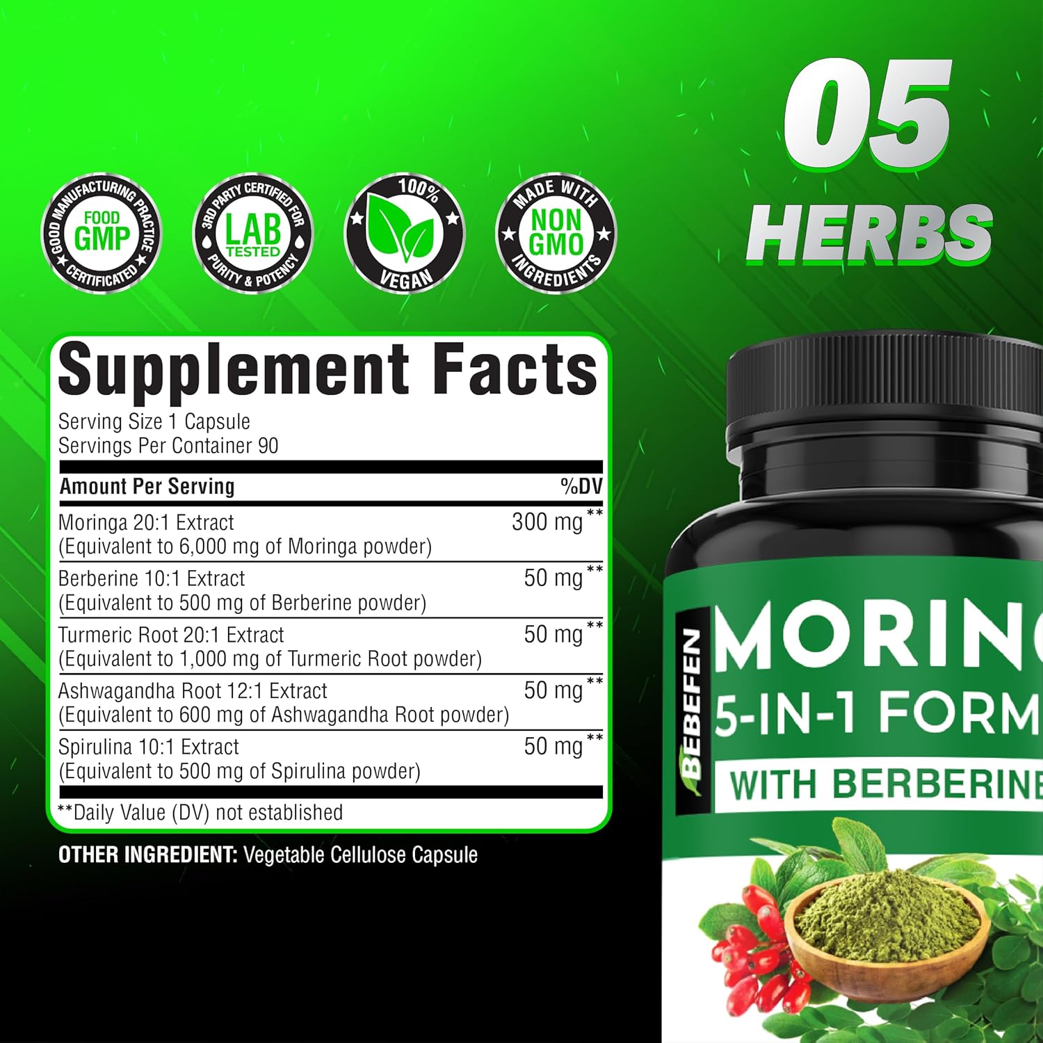 Moringa Capsules with Berberine | Turmeric | Ashwagandha | and Spirulina - 5in1 Moringa Supplement