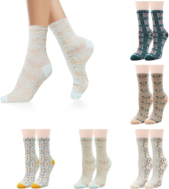 5 Pairs Women's Vintage Embroidered Floral Lace Socks Geometric Lattice Designs for Girls