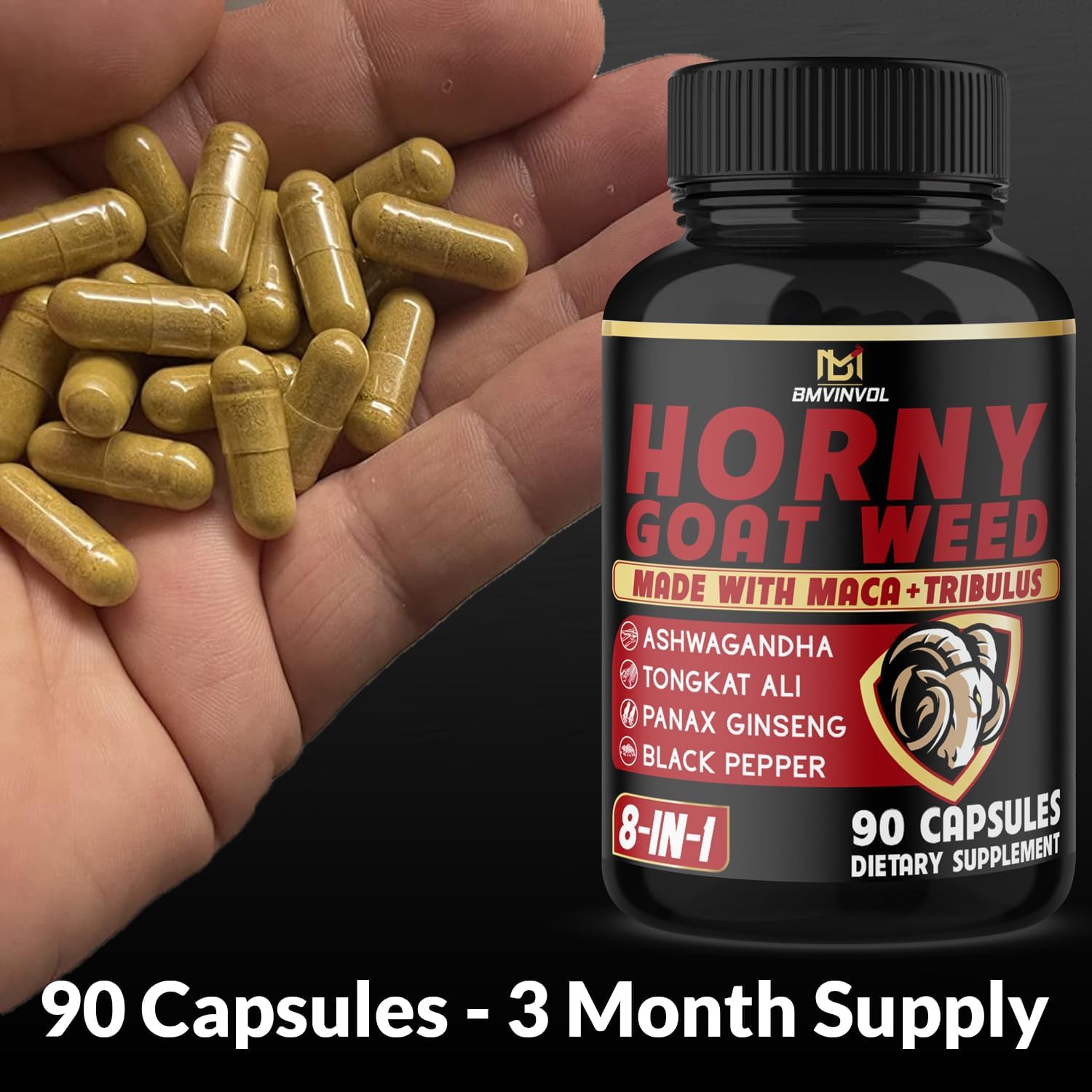 BMVINVOL Horny Goat Weed Capsules with Maca, Ginseng, Tribulus Terrestris, Ashwagandha - 90 Capsules - 3 Months Supply
