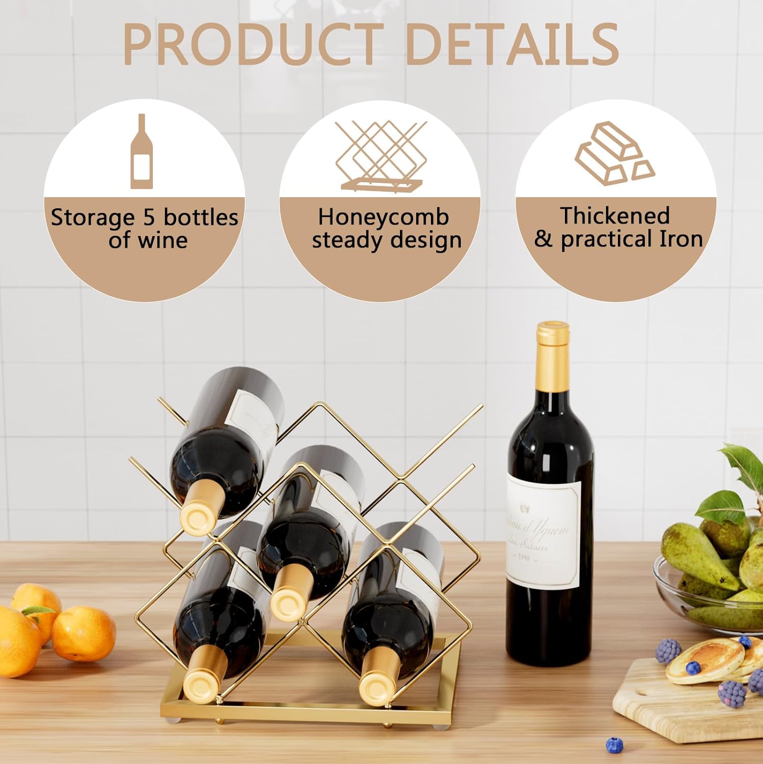 Urban Deco Gold Wine Rack Small Countertop for Cabinets – 5 Wine Holder