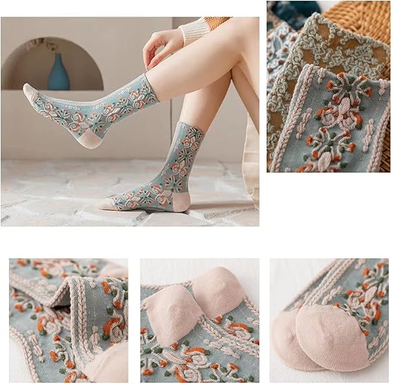 5 Pairs Women's Vintage Embroidered Floral Lace Socks Geometric Lattice Designs for Girls