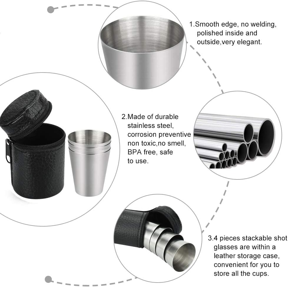 Stainless Steel Shot Glasses Set, 4 Pieces 30ml Stackable Cups with Black Leather Storage Case
