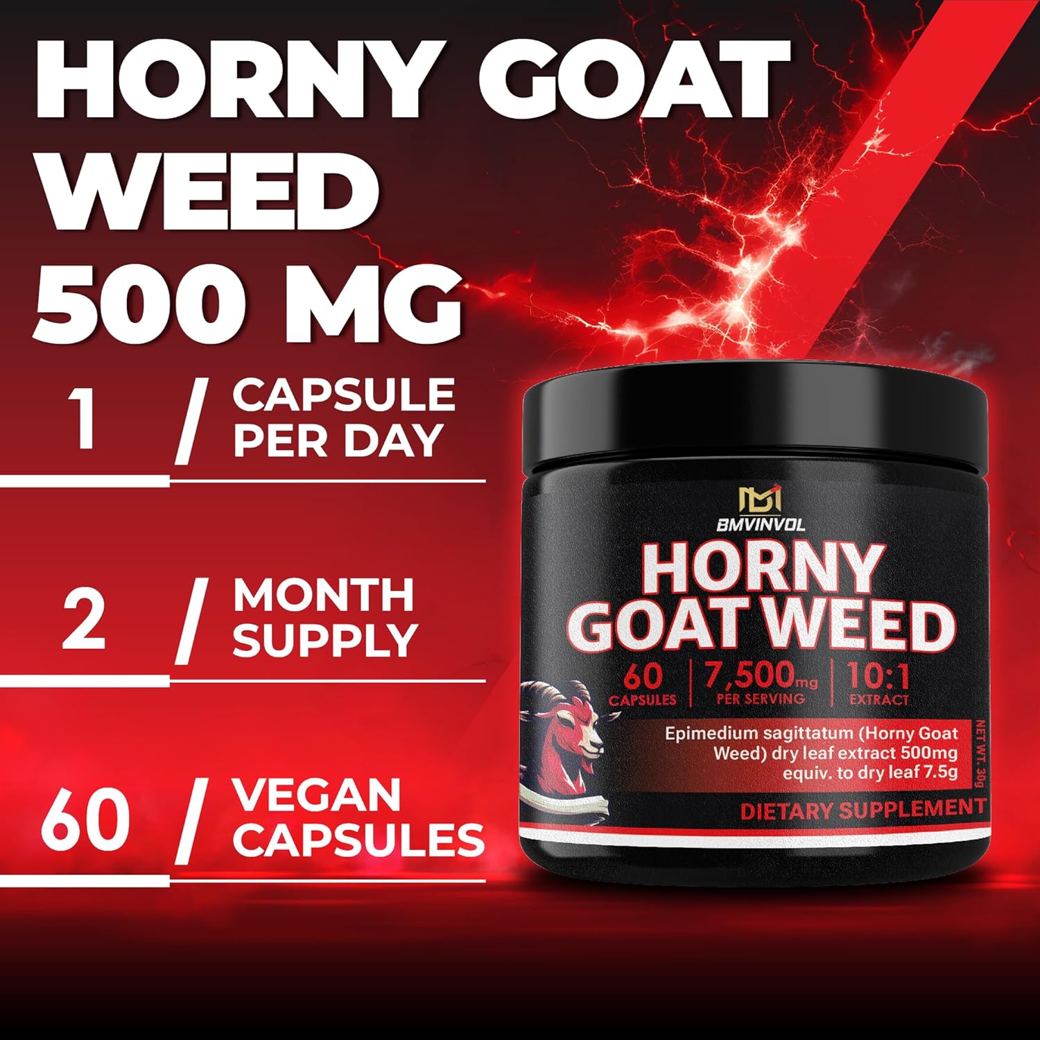 Horny Goat Weed 7500 mg Strength 15:1 Extract | 60 Vegan Capsules | Non-GMO | Gluten Free Formula | High Potency Herbal Extract Supplement