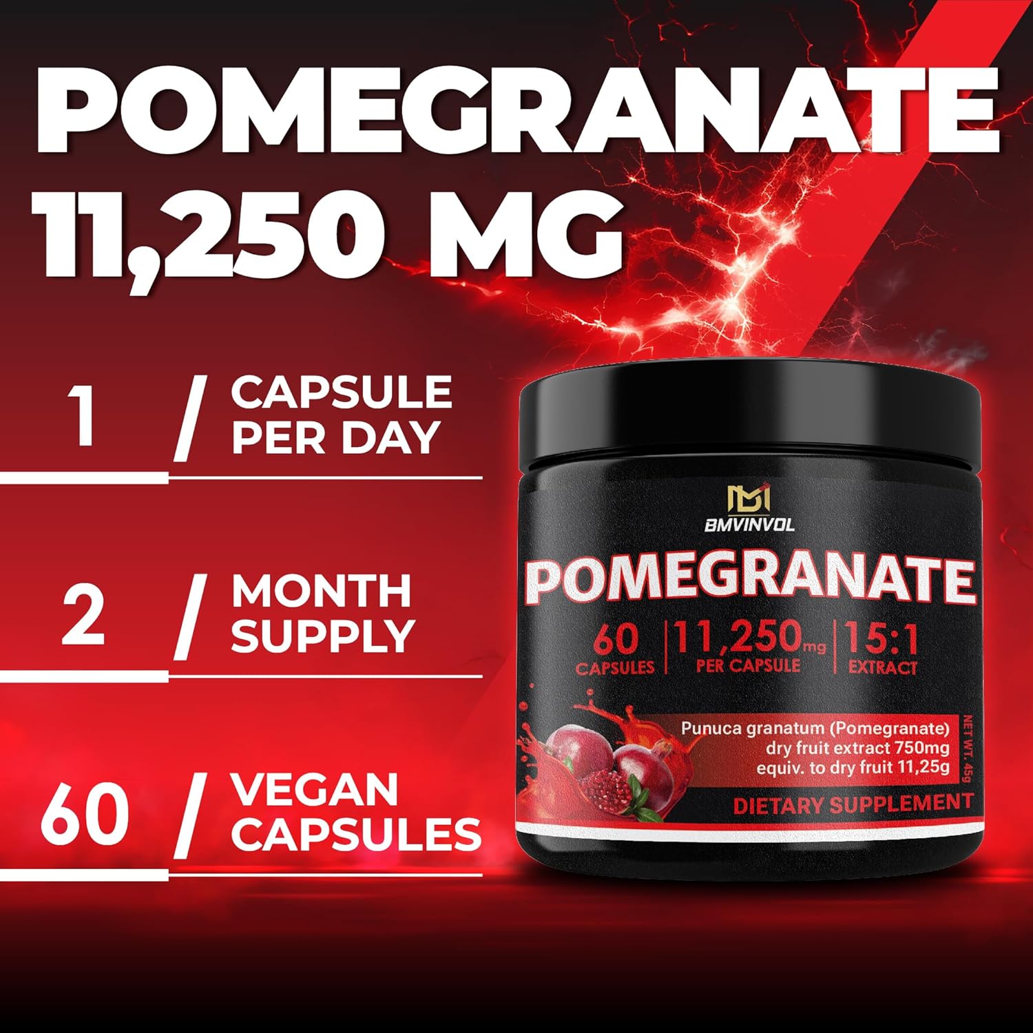 Pomegranate 11,250 mg Strength 15:1 Extract | 60 Vegan Capsules | Non-GMO | Gluten Free Formula | High Potency Herbal Extract Supplement