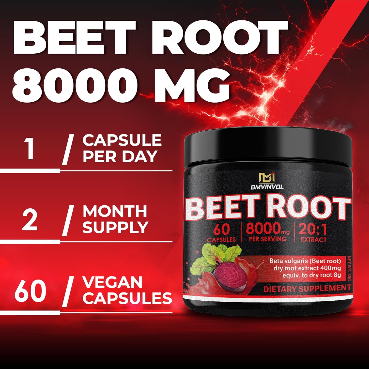Beet Root 8000 mg Strength 20:1 Extract | 60 Vegan Capsules | Non-GMO | Gluten Free Formula | High Potency Herbal Extract Supplement