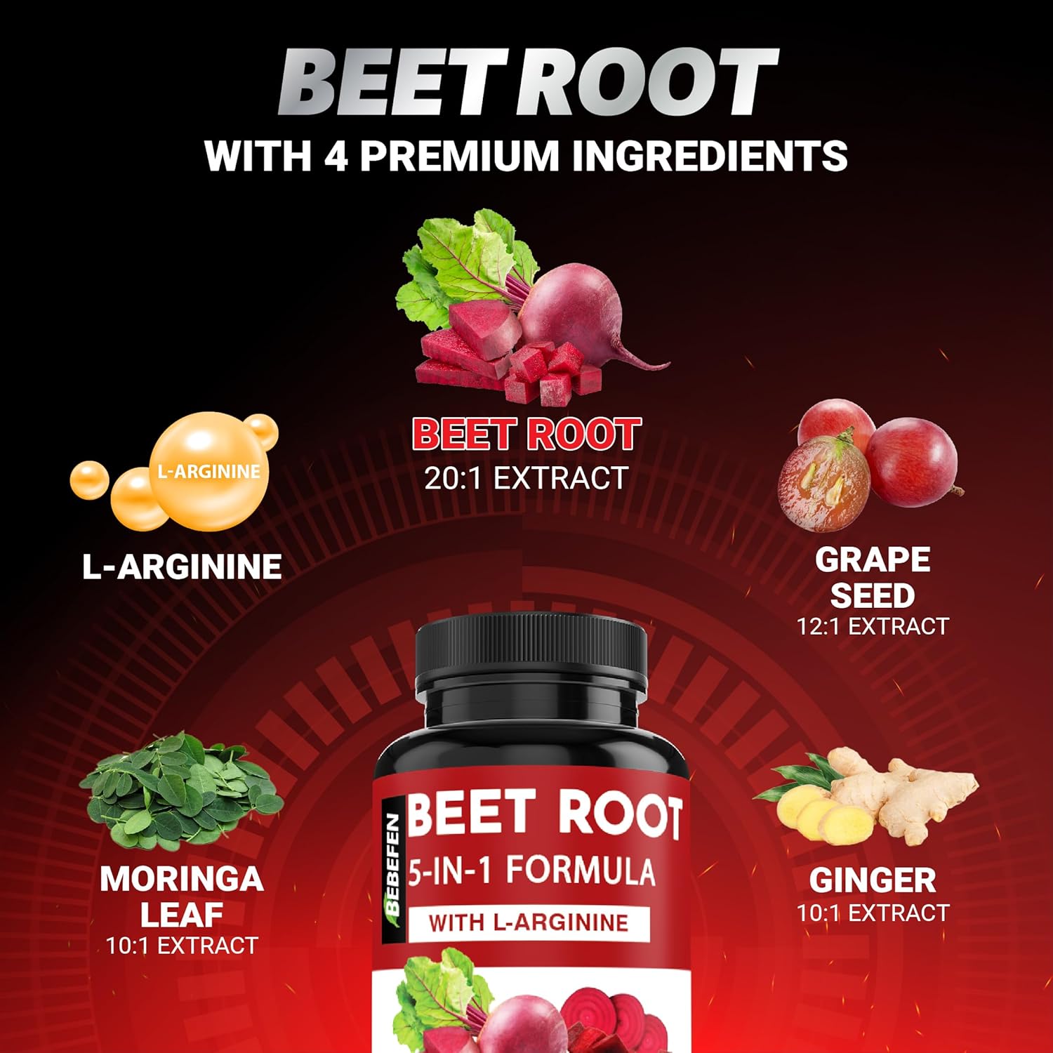 Beet Root Capsules with L-Arginine | Grape Seed | Moringa | and Ginger - 5in1 Beet Supplement