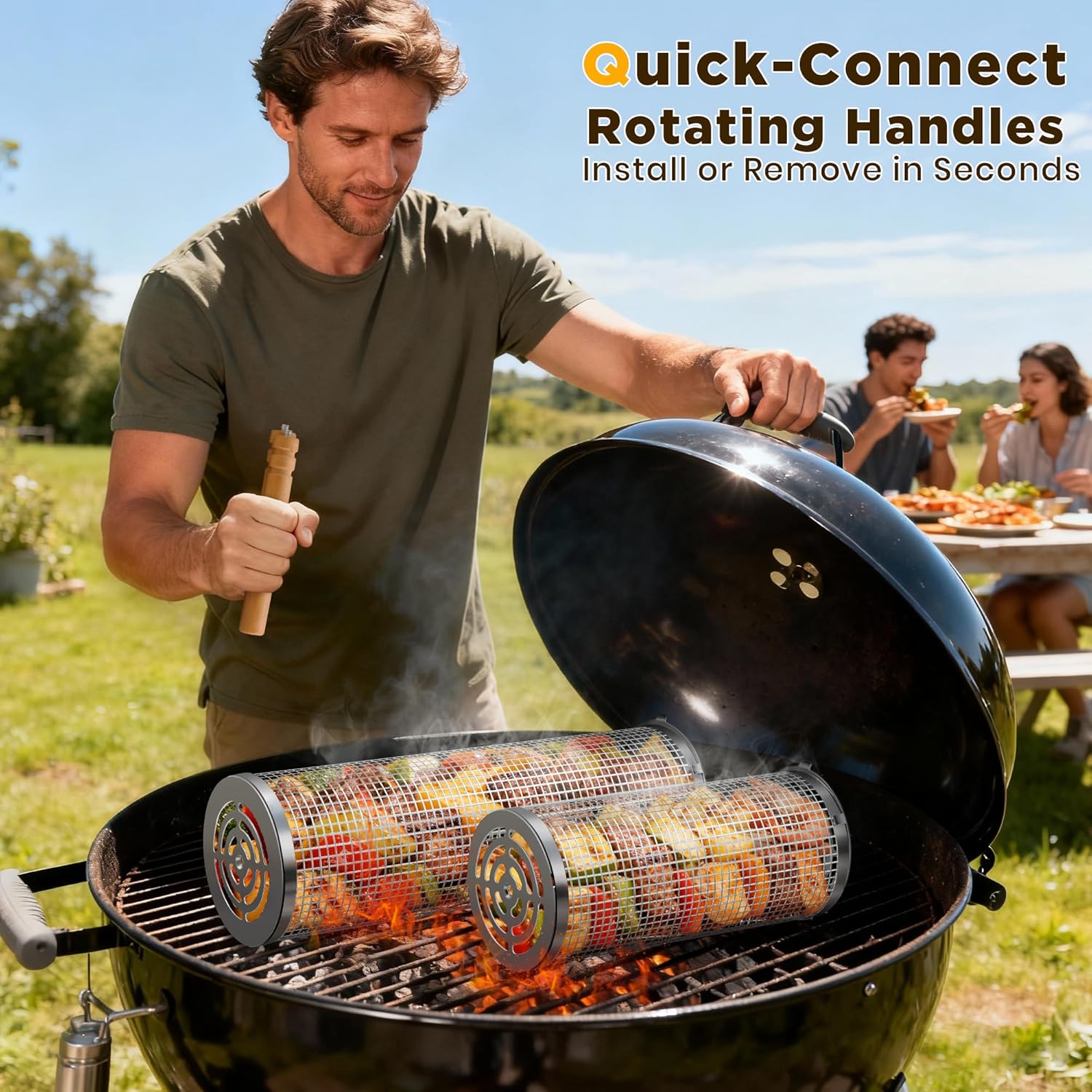 2PCS Rolling Grill Baskets with Removable Wooden Handle, 304 Stainless Steel