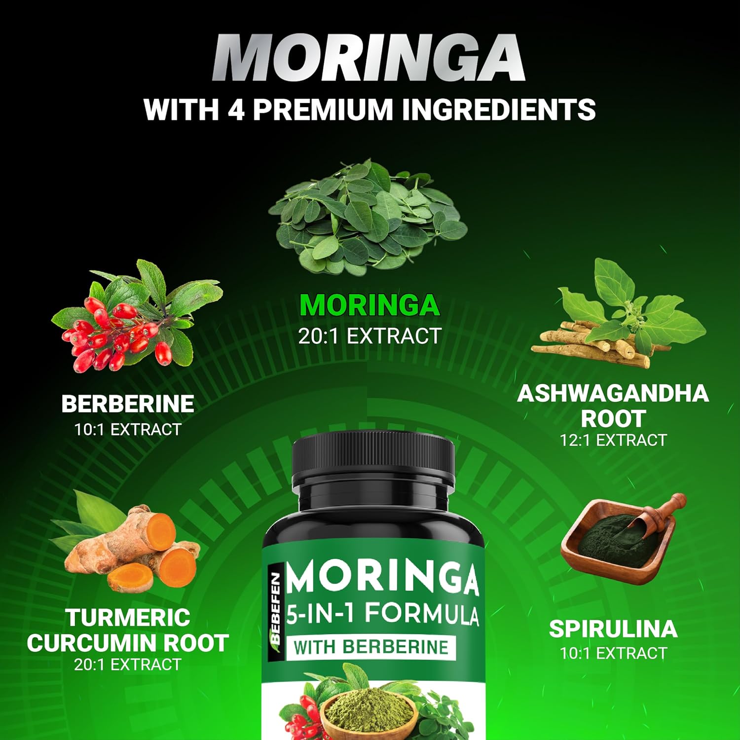 Moringa Capsules with Berberine | Turmeric | Ashwagandha | and Spirulina - 5in1 Moringa Supplement