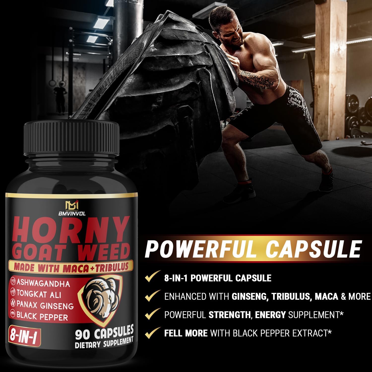BMVINVOL Horny Goat Weed Capsules with Maca, Ginseng, Tribulus Terrestris, Ashwagandha - 90 Capsules - 3 Months Supply