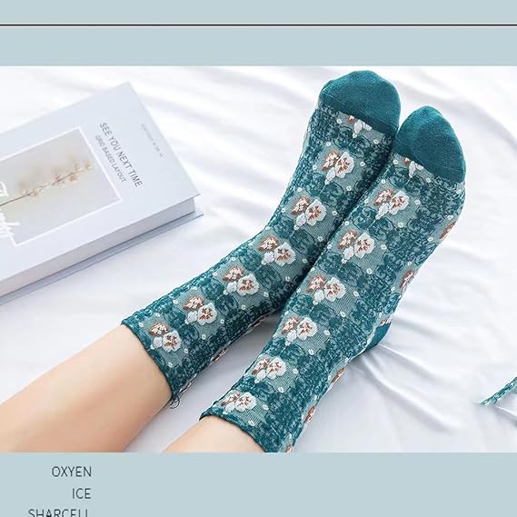 5 Pairs Women's Vintage Embroidered Floral Lace Socks Geometric Lattice Designs for Girls