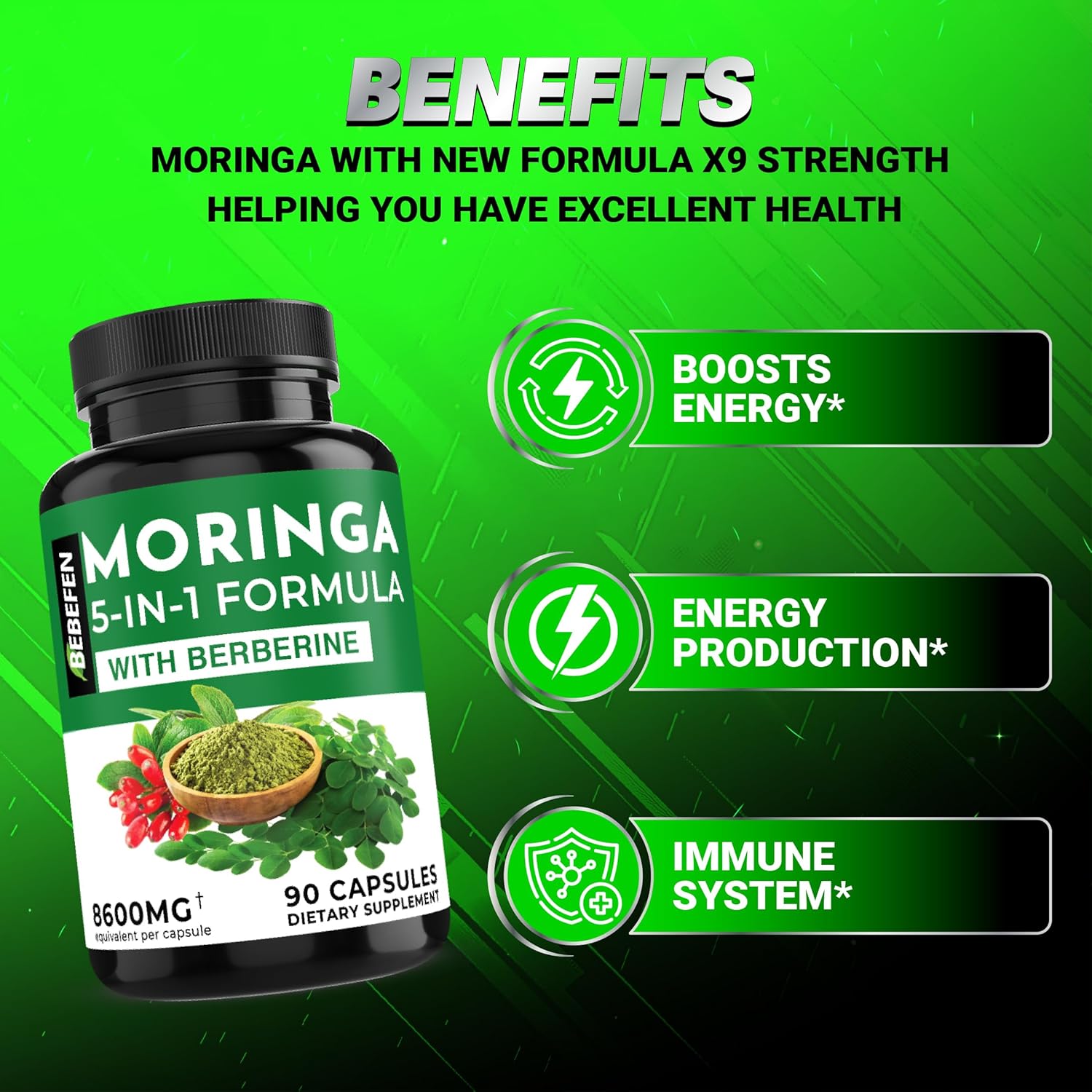 Moringa Capsules with Berberine | Turmeric | Ashwagandha | and Spirulina - 5in1 Moringa Supplement