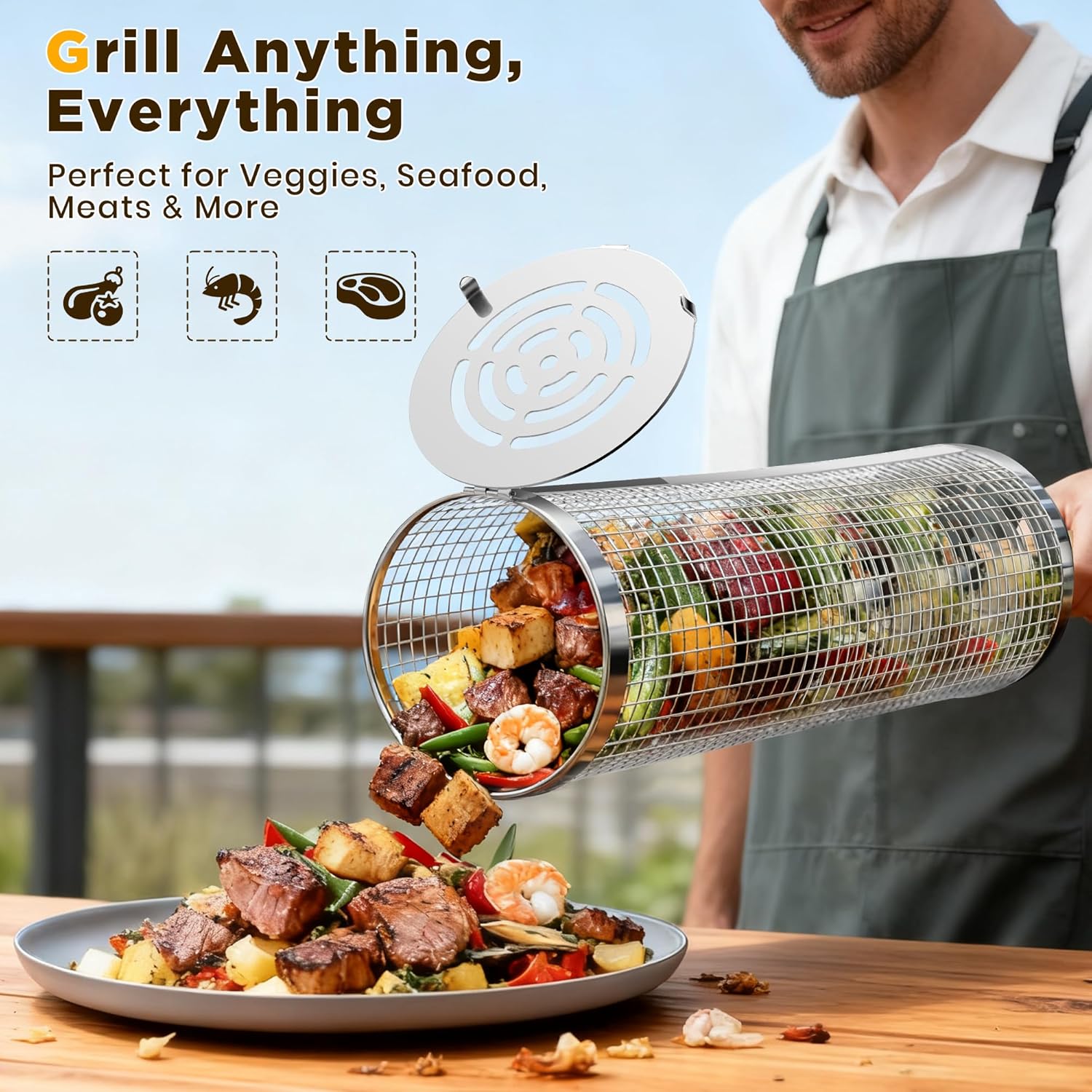 2PCS Rolling Grill Baskets with Removable Wooden Handle, 304 Stainless Steel