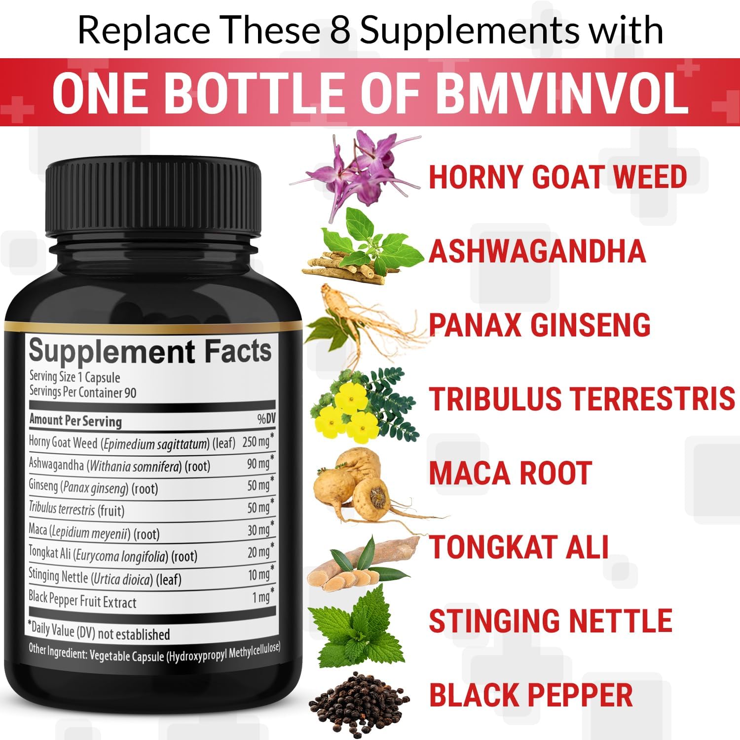 BMVINVOL Horny Goat Weed Capsules with Maca, Ginseng, Tribulus Terrestris, Ashwagandha - 90 Capsules - 3 Months Supply