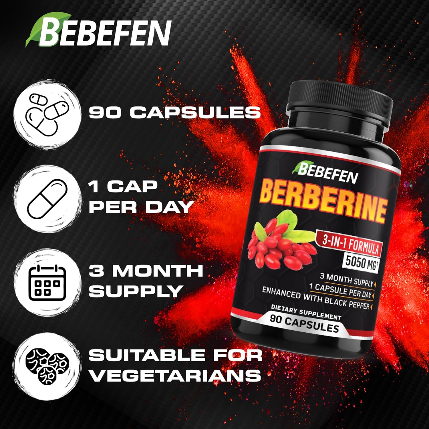 Berberine Capsules - 5050mg Formula Pills with Black Pepper Extract