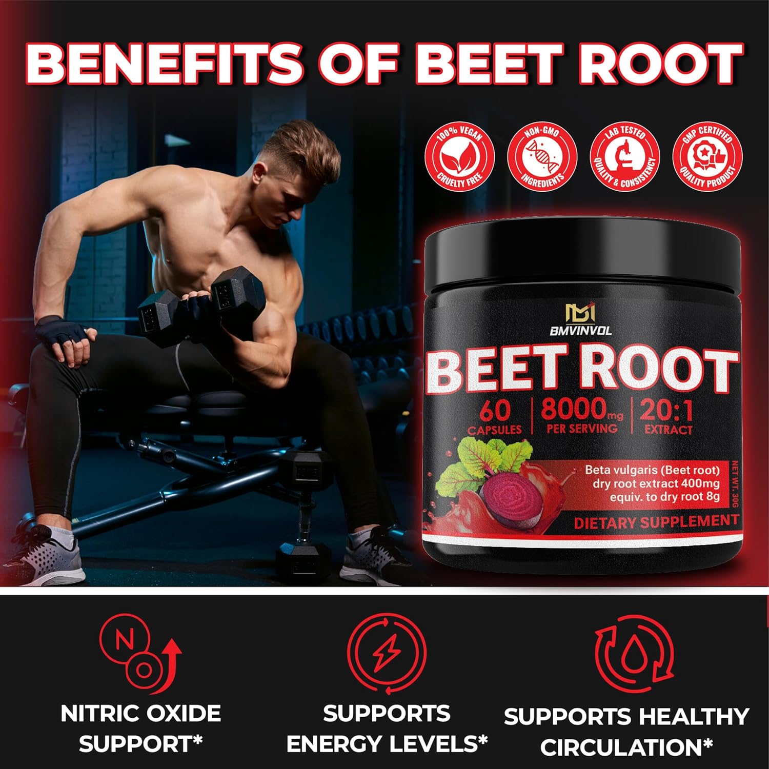 Beet Root 8000 mg Strength 20:1 Extract | 60 Vegan Capsules | Non-GMO | Gluten Free Formula | High Potency Herbal Extract Supplement