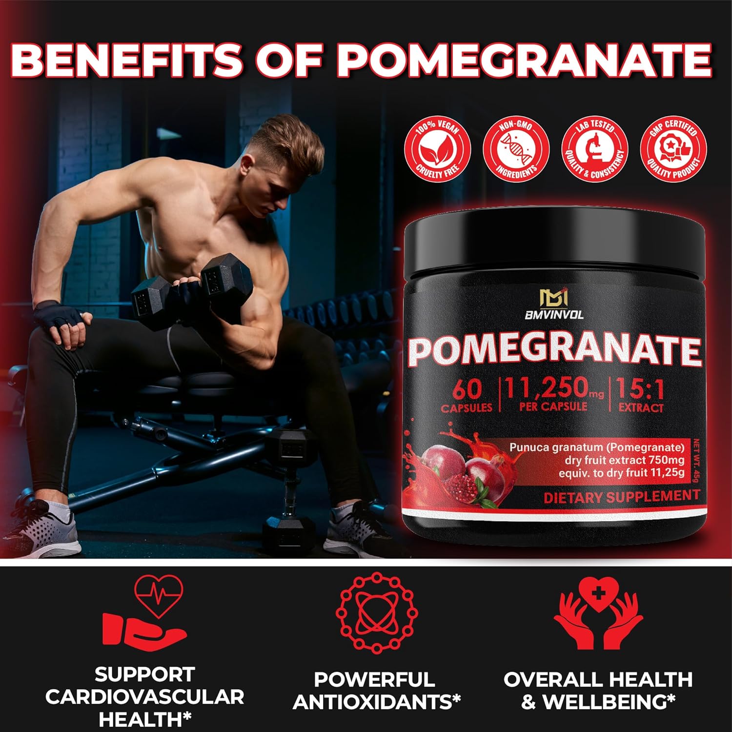 Pomegranate 11,250 mg Strength 15:1 Extract | 60 Vegan Capsules | Non-GMO | Gluten Free Formula | High Potency Herbal Extract Supplement