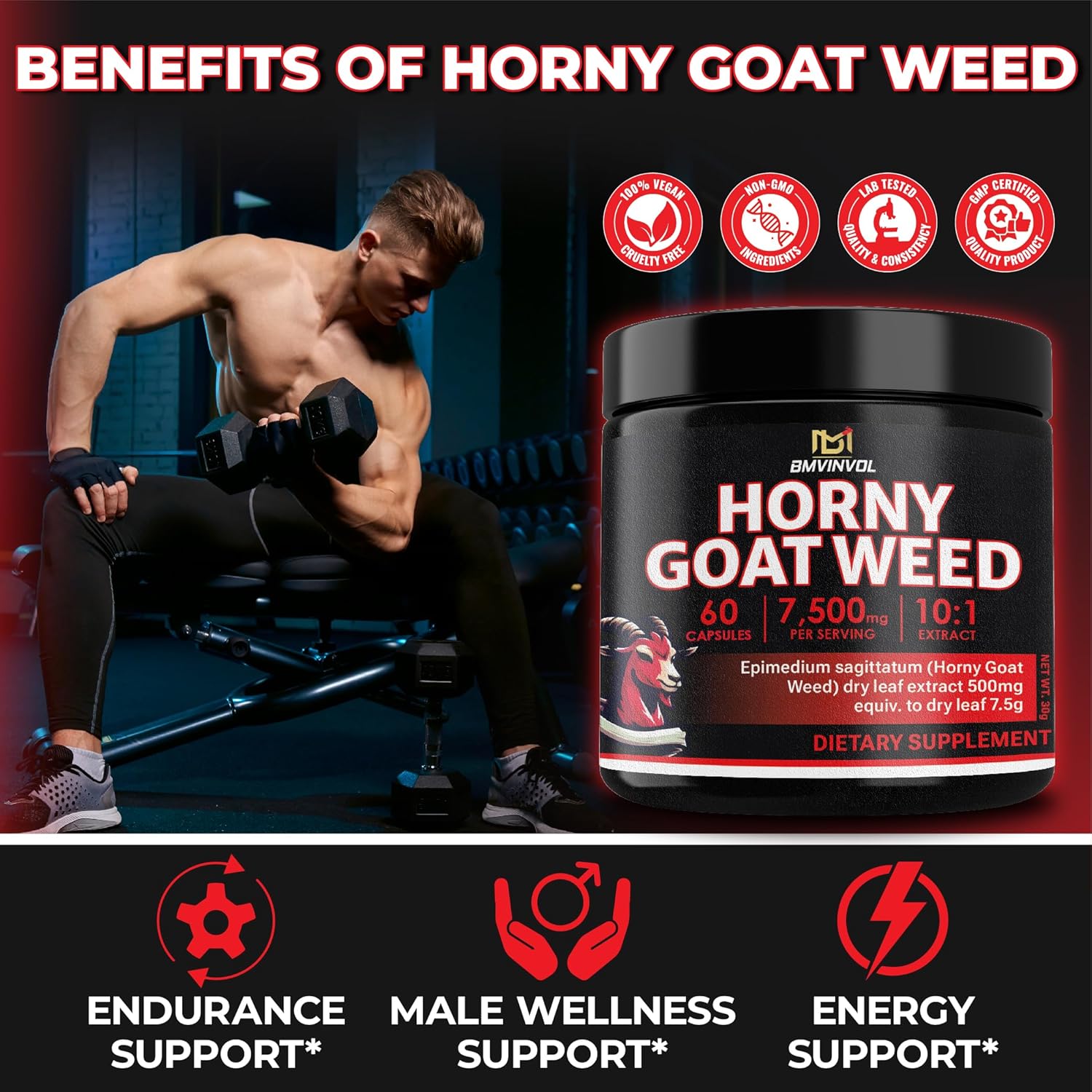 Horny Goat Weed 7500 mg Strength 15:1 Extract | 60 Vegan Capsules | Non-GMO | Gluten Free Formula | High Potency Herbal Extract Supplement