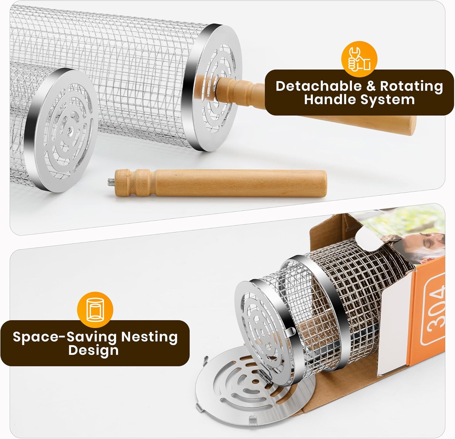2PCS Rolling Grill Baskets with Removable Wooden Handle, 304 Stainless Steel