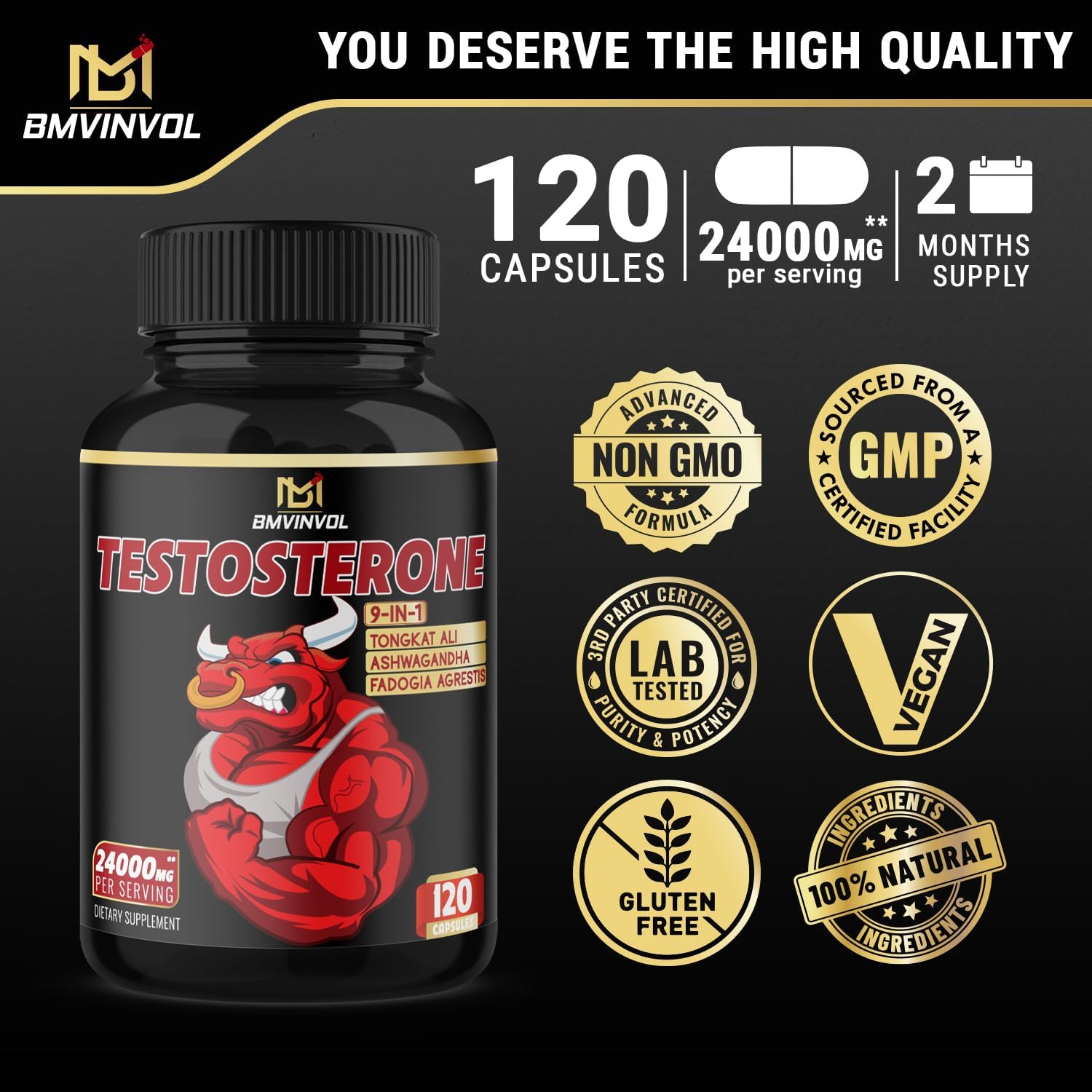 Test Booster for Men - Tongkat Ali, Horny Goat Weed, Tribulus Terestris, Fadogia Agrestis, Panax Ginseng, Ashwagandha, Black Pepper - 120 Capsules