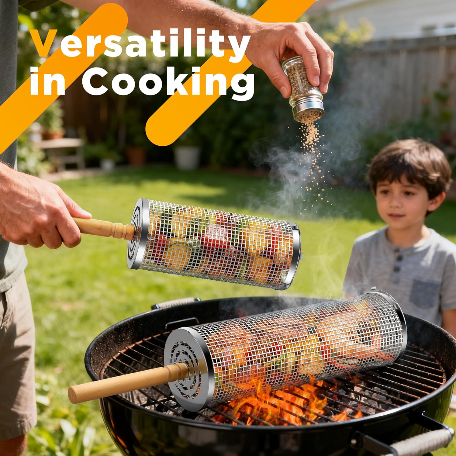 2PCS Rolling Grill Baskets with Removable Wooden Handle, 304 Stainless Steel