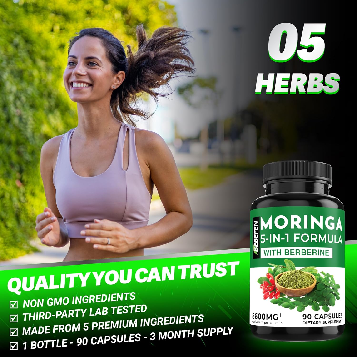 Moringa Capsules with Berberine | Turmeric | Ashwagandha | and Spirulina - 5in1 Moringa Supplement