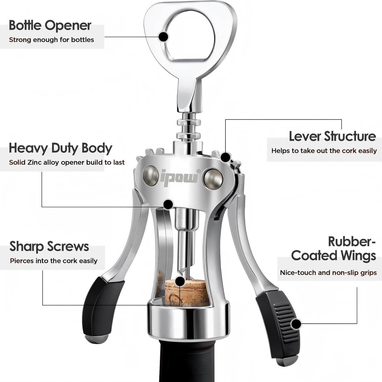 IPOW Wine Opener, Zinc Alloy Wine Bottle Opener Wing Corkscrew Heavy Duty