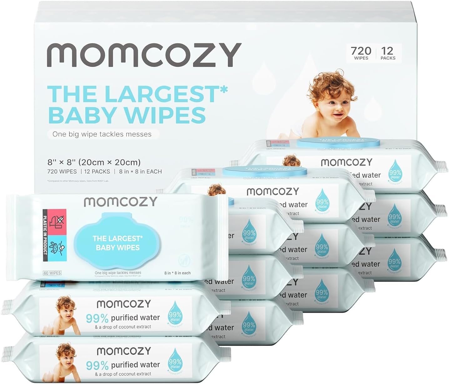 Momcozy Baby Wipes-Extra Large Size Design, 99% Water Based 12 Flip-Top Packs (720 Wipes Total)