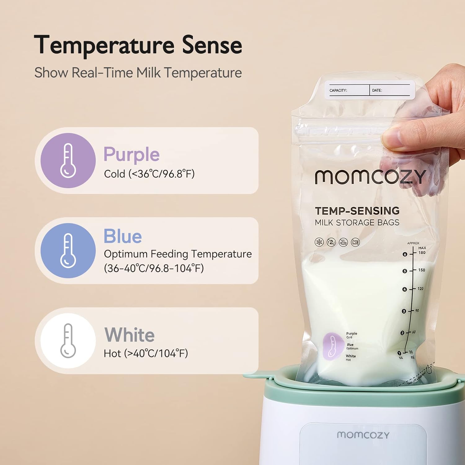 Momcozy Breastmilk Storage Bags 50pcs, Temp-Sensing Discoloration Milk Storing Bags