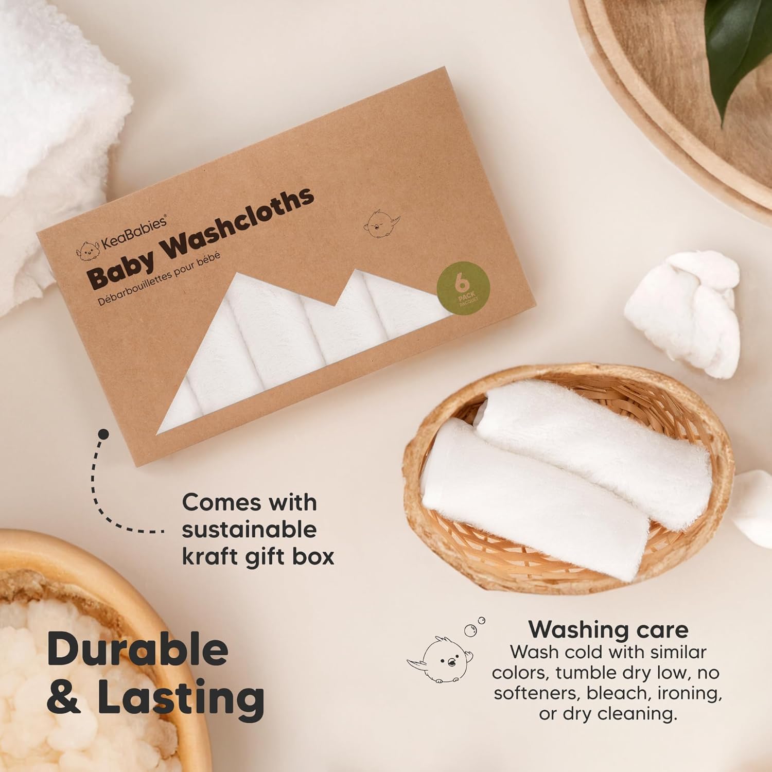 6-Pack Soft Baby Washcloths, Bamboo - Kids, Newborn Bath Towels, Infant Shower