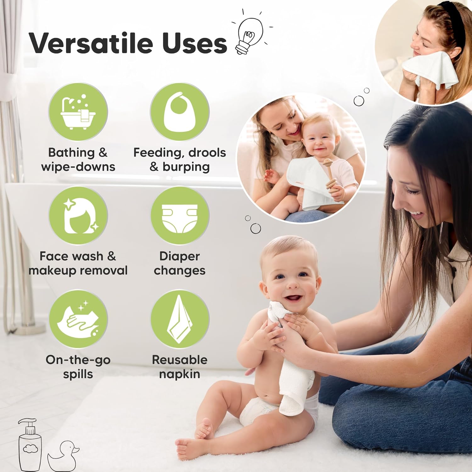 6-Pack Soft Baby Washcloths, Bamboo - Kids, Newborn Bath Towels, Infant Shower