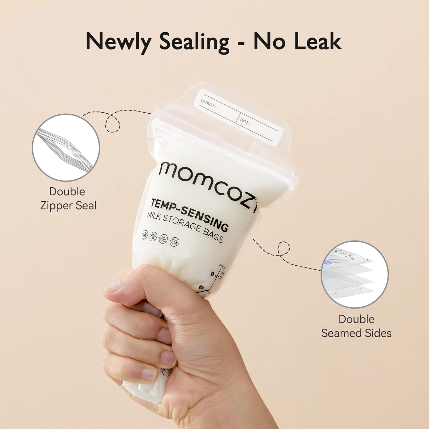 Momcozy Breastmilk Storage Bags 50pcs, Temp-Sensing Discoloration Milk Storing Bags