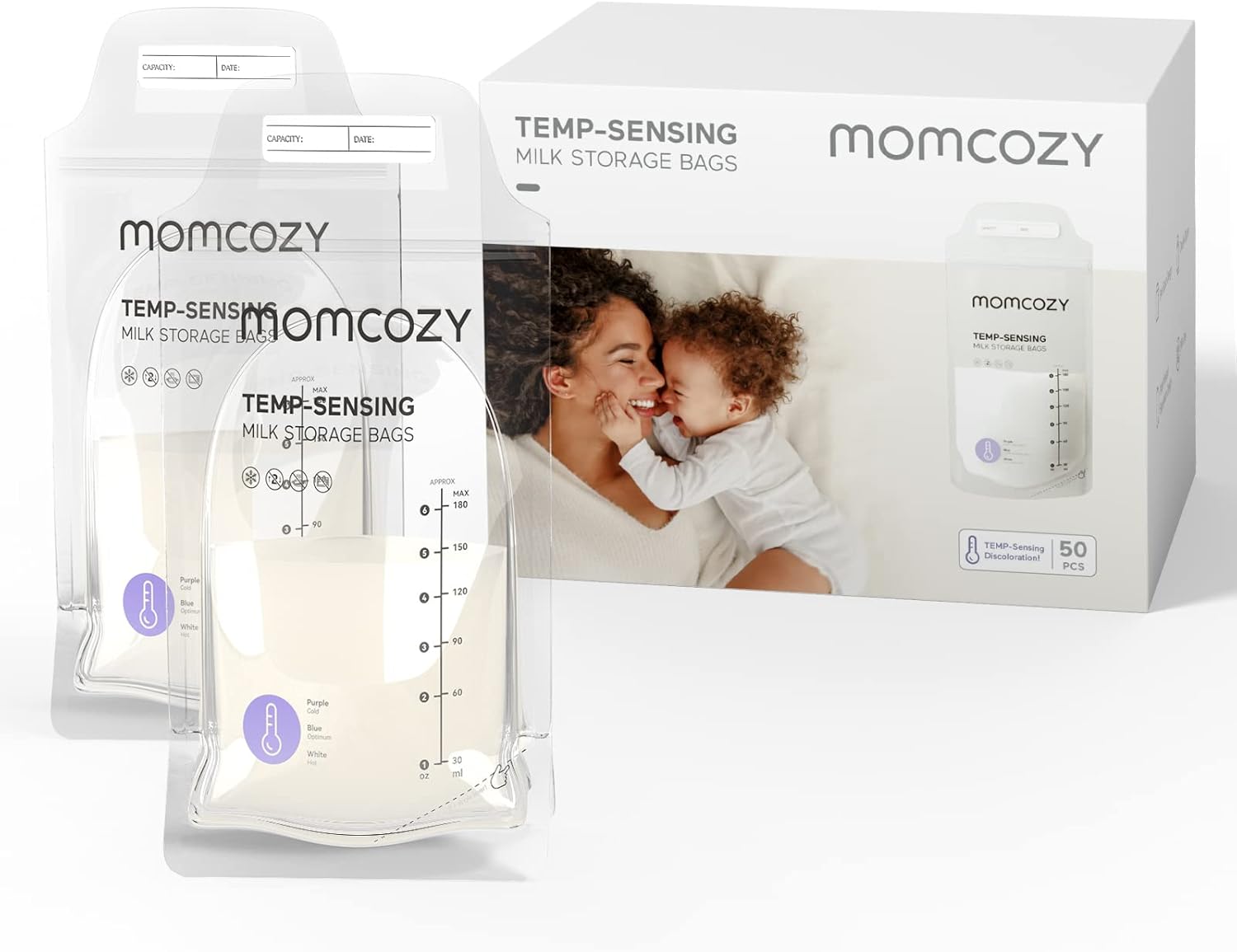 Momcozy Breastmilk Storage Bags 50pcs, Temp-Sensing Discoloration Milk Storing Bags
